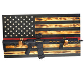 RED LINE FIREFIGHTER Wooden Rustic American Flag with Gun Rack Handmade 36” x 19.5” Made in the US