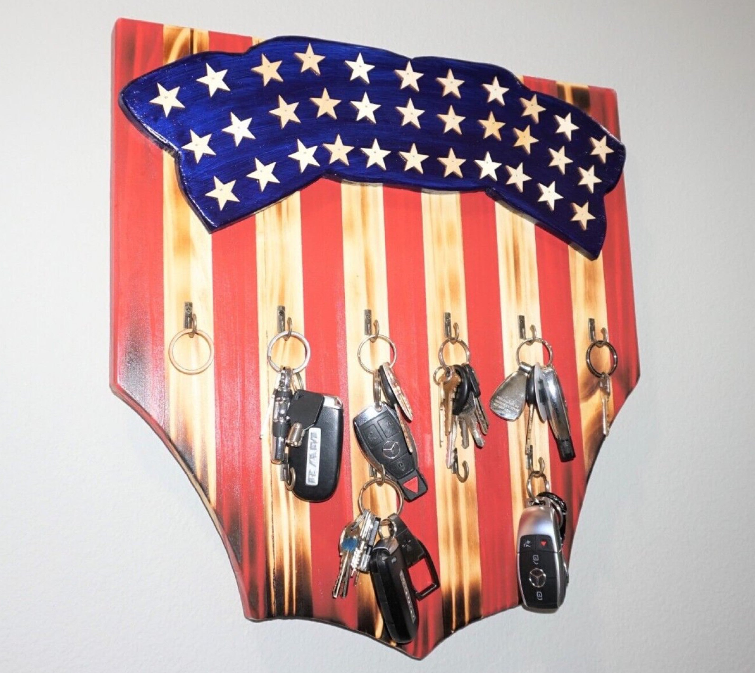 Handmade Wooden American Flag Rustic Key Holder 10 Hooks Size 18 Made in the US Handmade Wooden American Flag Rustic Key Holder 10 Hooks Size 18 Made in the US