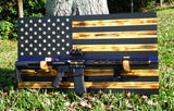 BLUE LINE POLICE Wooden Rustic American Flag with Gun Rack Handmade 36” x 19.5” Made in the US