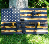 FOR TWO GUNS Wooden Rustic American Flag with Gun Rack 36” x 19.5” Black Made in the US