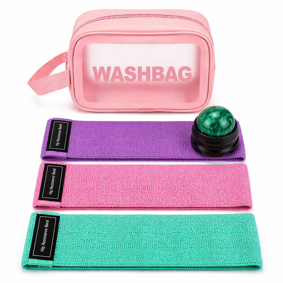 Fabric Resistance Bands for Working Out Women - Set of 3 with Massage Roller Ball & Waterproof Gym Bag - Anti-Slip Glute, Hip & Leg Workout Bands