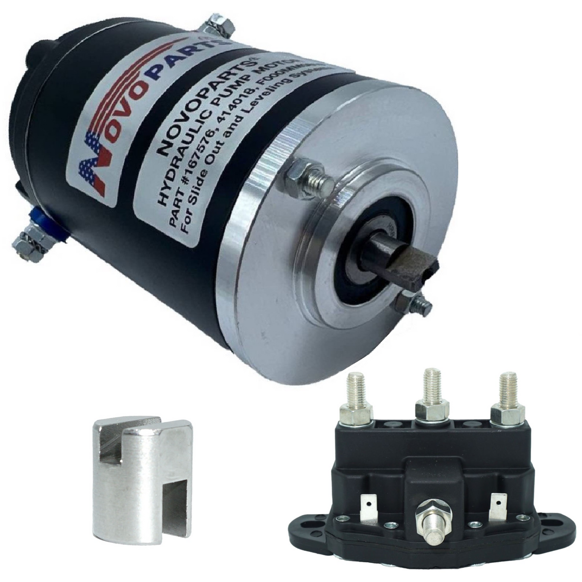 NOVOPARTS LEVELING SYSTEM HYDRAULIC PUMP KIT - Motor 167576 Compatible with 414018 & #F000MM0809 045-167567, Polarity Reversing Solenoid Part Number 118246 and Collar Coupling Included