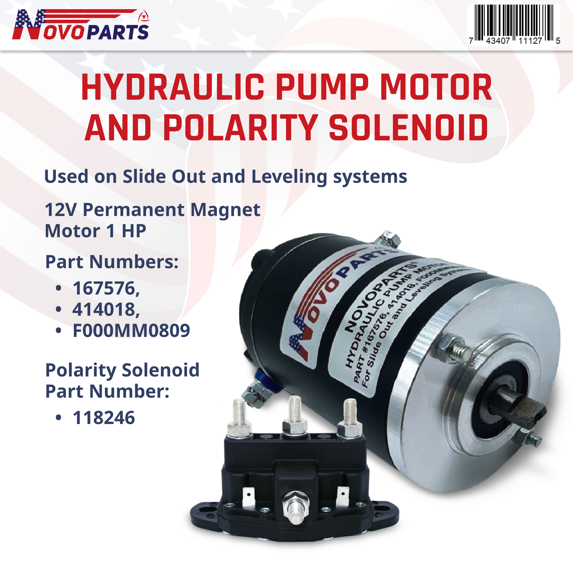 Hydraulic Pump Motor 167576 Compatible with 414018 & #F000MM0809 045-167567 and Polarity Reversing Solenoid Part Number 118246