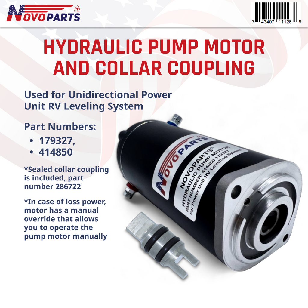 179327 Hydraulic Power Leveling System Unit Pump Motor for RV 414850, 045-179327 with MANUAL DRIVE and SEALED COLLAR COUPLING