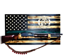 Load image into Gallery viewer, MARINE CORPS Wooden Rustic American Flag with Gun Rack Handmade 36” x 19.5”