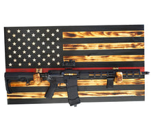 Load image into Gallery viewer, RED LINE FIREFIGHTER Wooden Rustic American Flag with Gun Rack Handmade 36” x 19.5” Made in the US