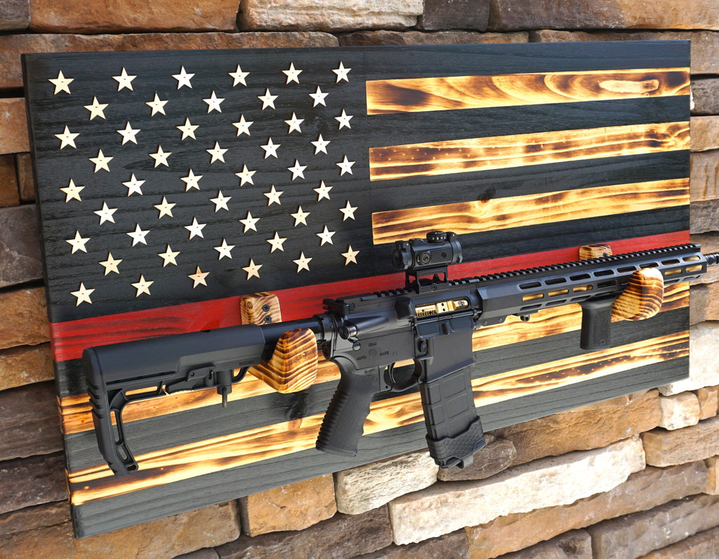 RED LINE FIREFIGHTER Wooden Rustic American Flag with Gun Rack Handmade 36” x 19.5” Made in the US