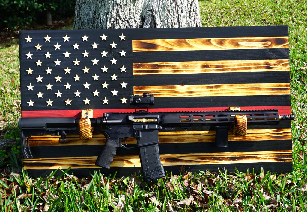 RED LINE FIREFIGHTER Wooden Rustic American Flag with Gun Rack Handmade 36” x 19.5” Made in the US