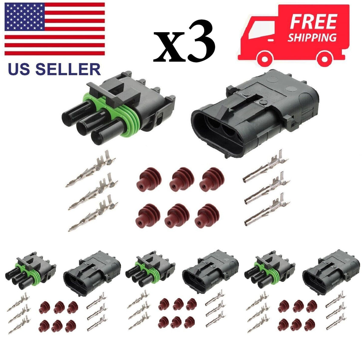 NOVOPARTS Weather Pack 3 Pin Sealed Connector Kit 14-16 AWG 3 Complete ...