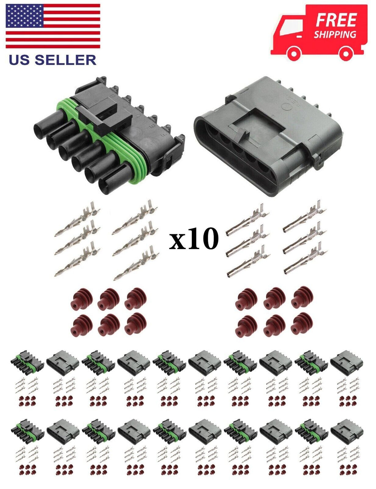 Weather Pack 6 Pin Sealed Connector Kit 14-16 AWG 10 Complete Kits