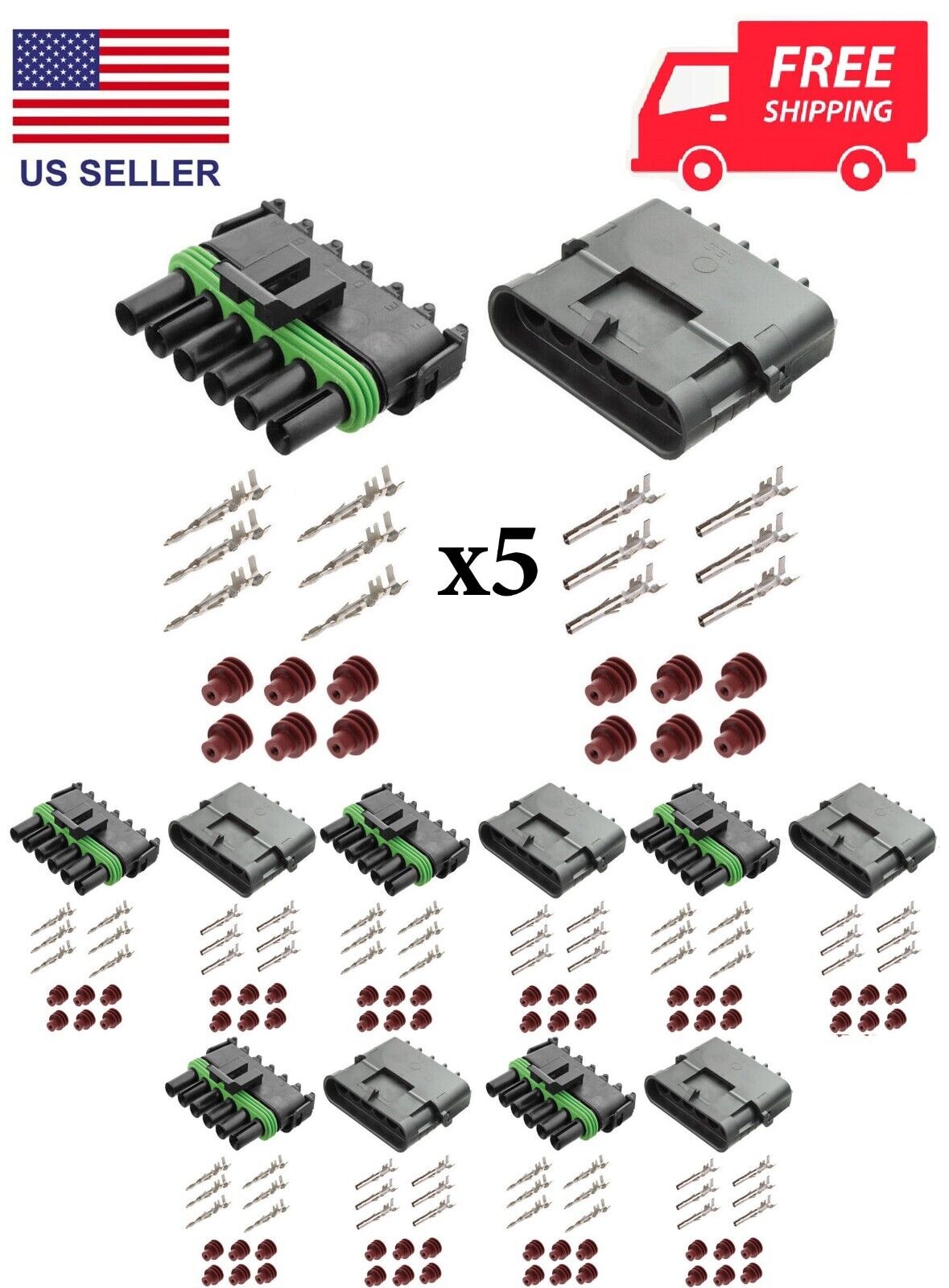 Weather Pack 6 Pin Sealed Connector Kit 14-16 AWG 5 Complete Kits