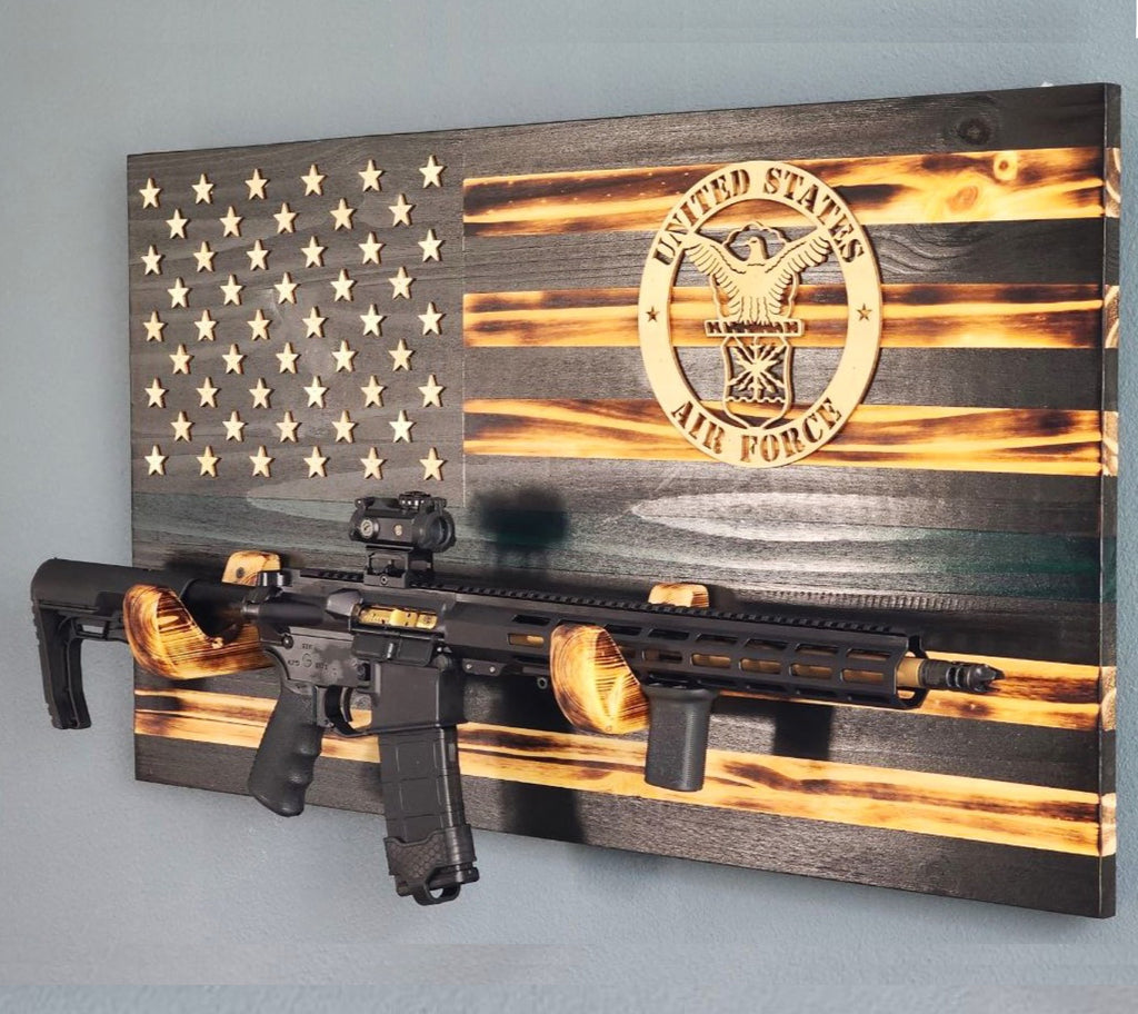AIR FORCE Wooden Rustic American Flag with Gun Rack Handmade 36” x 19.5” Made in the US
