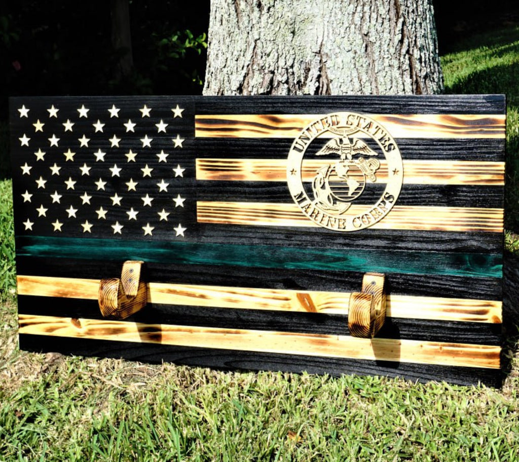 Wooden Rustic American Flag with Gun Rack Marine Corps Handmade 36” x 19.5”