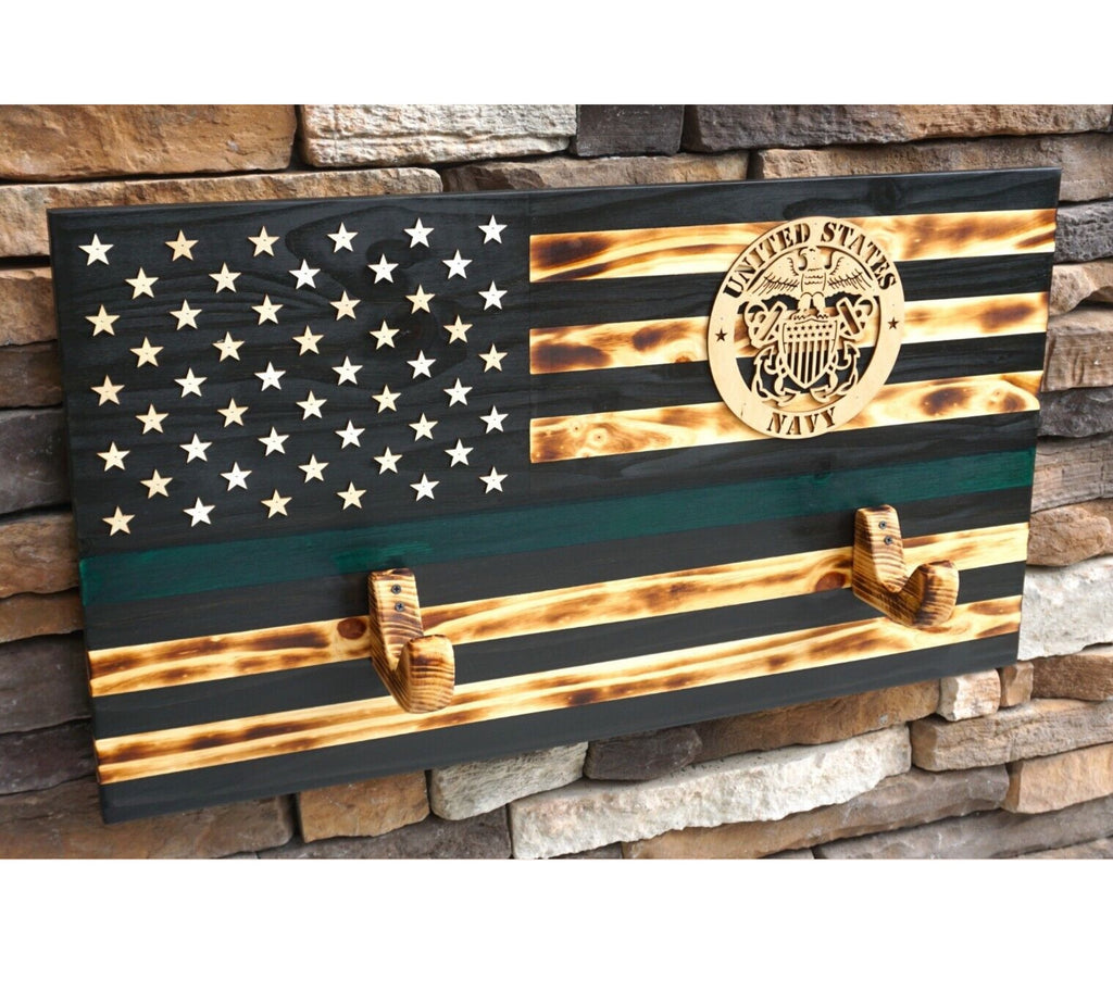 NAVY Wooden Rustic American Flag with Gun Rack Handmade 36” x 19.5”