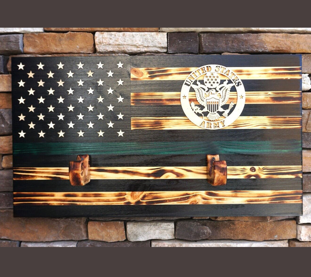 ARMY Wooden Rustic American Flag with Gun Rack Handmade 36” x 19.5” Made in the US
