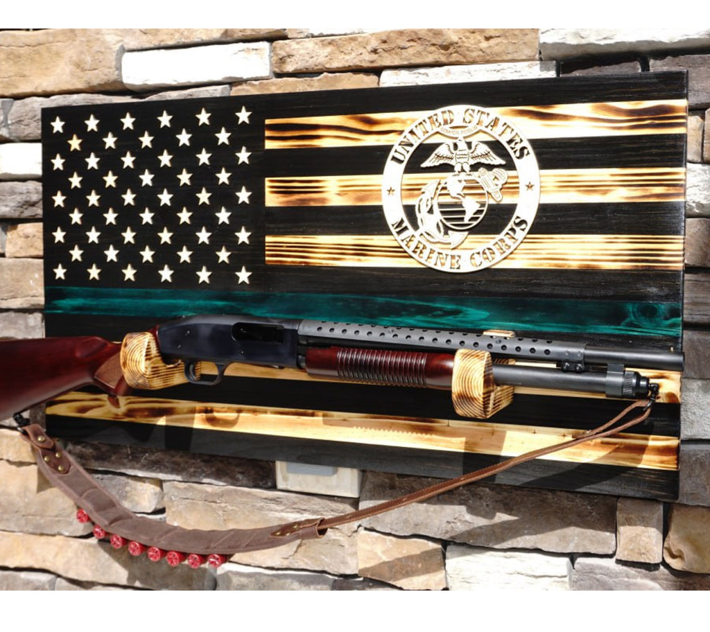 MARINE CORPS Wooden Rustic American Flag with Gun Rack Handmade 36” x 19.5”