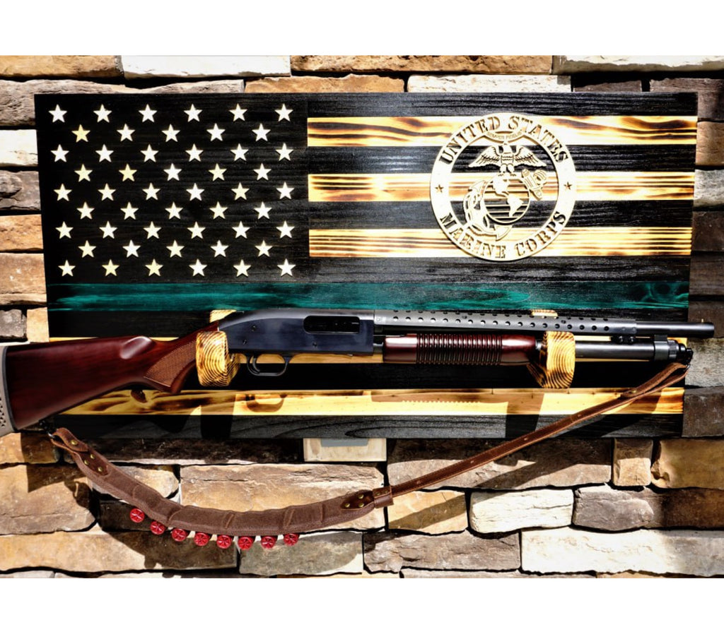 MARINE CORPS Wooden Rustic American Flag with Gun Rack Handmade 36” x 19.5”
