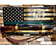 Load image into Gallery viewer, Wooden Rustic American Flag with Gun Rack Marine Corps Handmade 36” x 19.5”