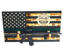 Load image into Gallery viewer, NAVY Wooden Rustic American Flag with Gun Rack Handmade 36” x 19.5”