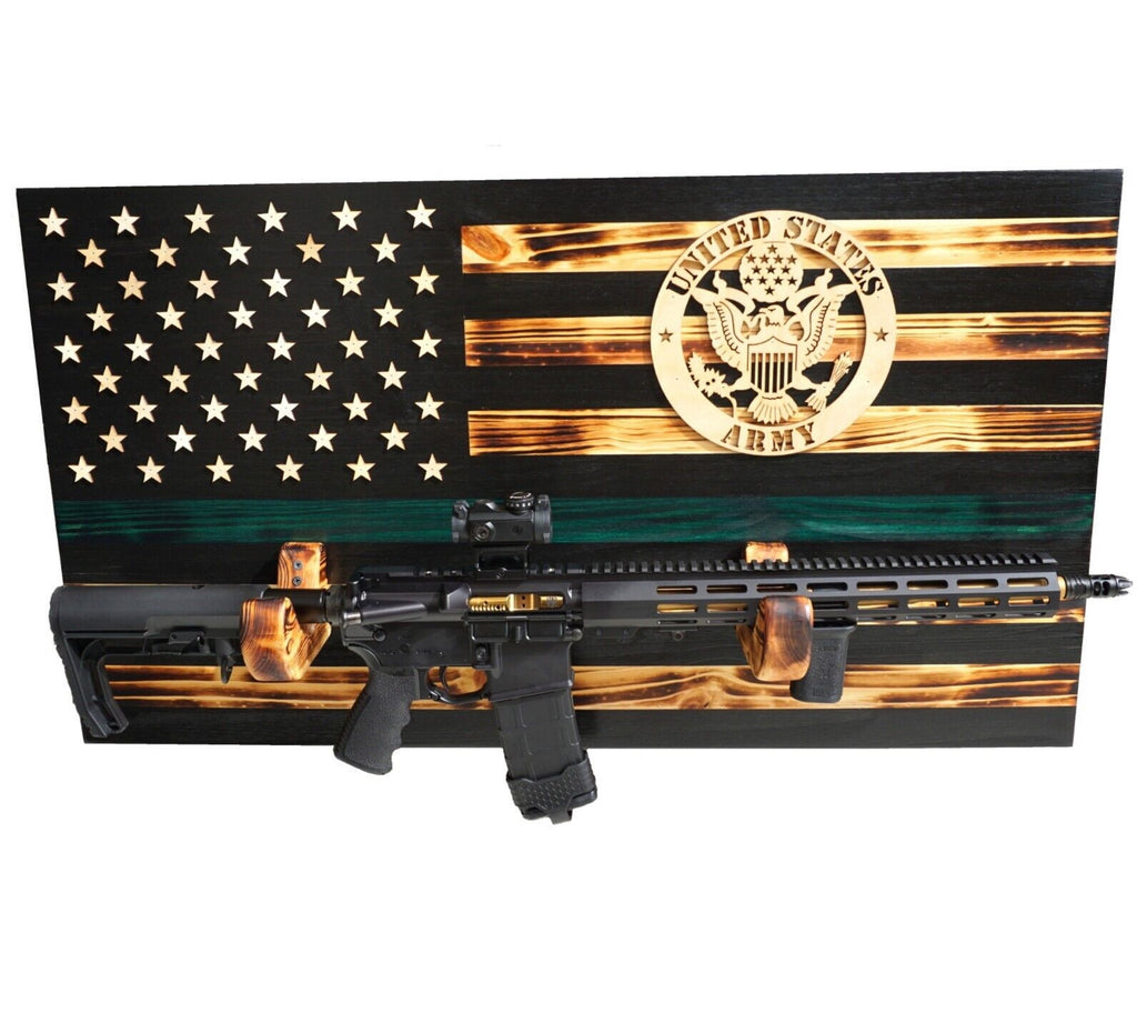 ARMY Wooden Rustic American Flag with Gun Rack Handmade 36” x 19.5” Made in the US