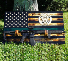 Load image into Gallery viewer, ARMY Wooden Rustic American Flag with Gun Rack Handmade 36” x 19.5” Made in the US