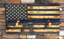 Load image into Gallery viewer, BLUE LINE POLICE Wooden Rustic American Flag with Gun Rack Handmade 36” x 19.5” Made in the US