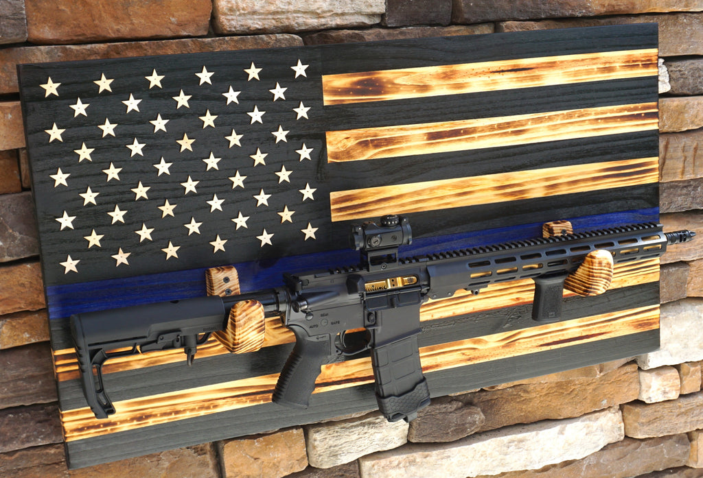 BLUE LINE POLICE Wooden Rustic American Flag with Gun Rack Handmade 36” x 19.5” Made in the US