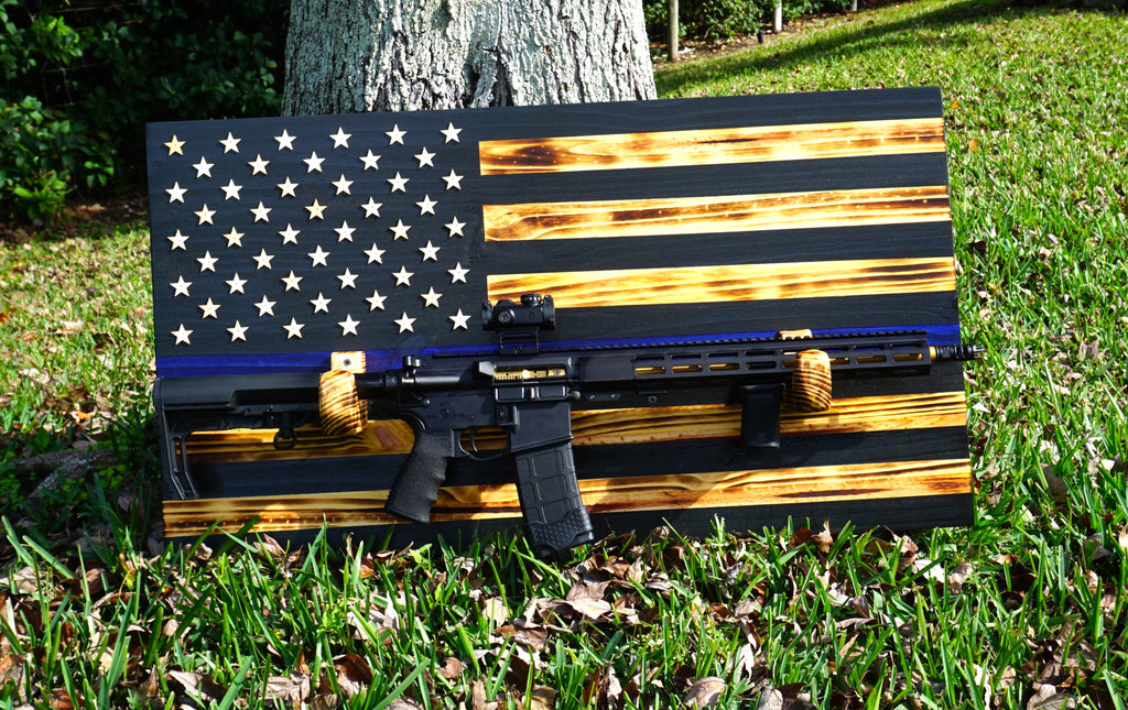 BLUE LINE POLICE Wooden Rustic American Flag with Gun Rack Handmade 36” x 19.5” Made in the US