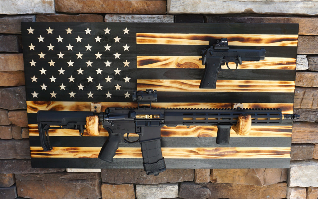 FOR TWO GUNS Wooden Rustic American Flag with Gun Rack 36” x 19.5” Black Made in the US