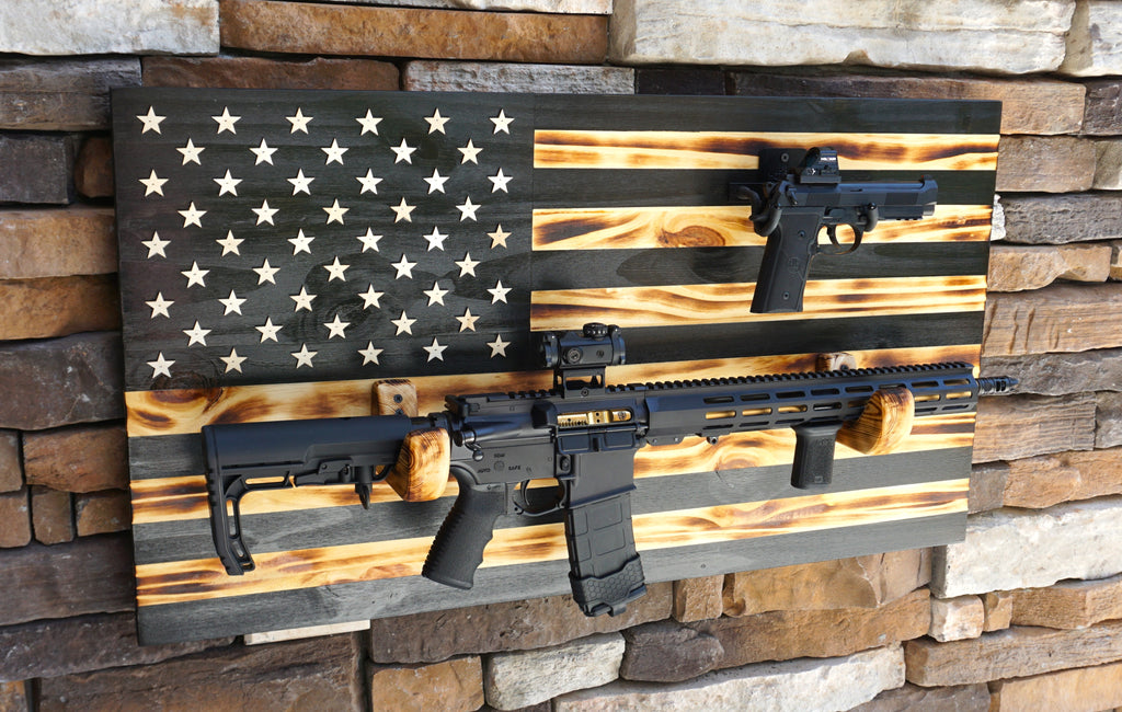 FOR TWO GUNS Wooden Rustic American Flag with Gun Rack 36” x 19.5” Black Made in the US