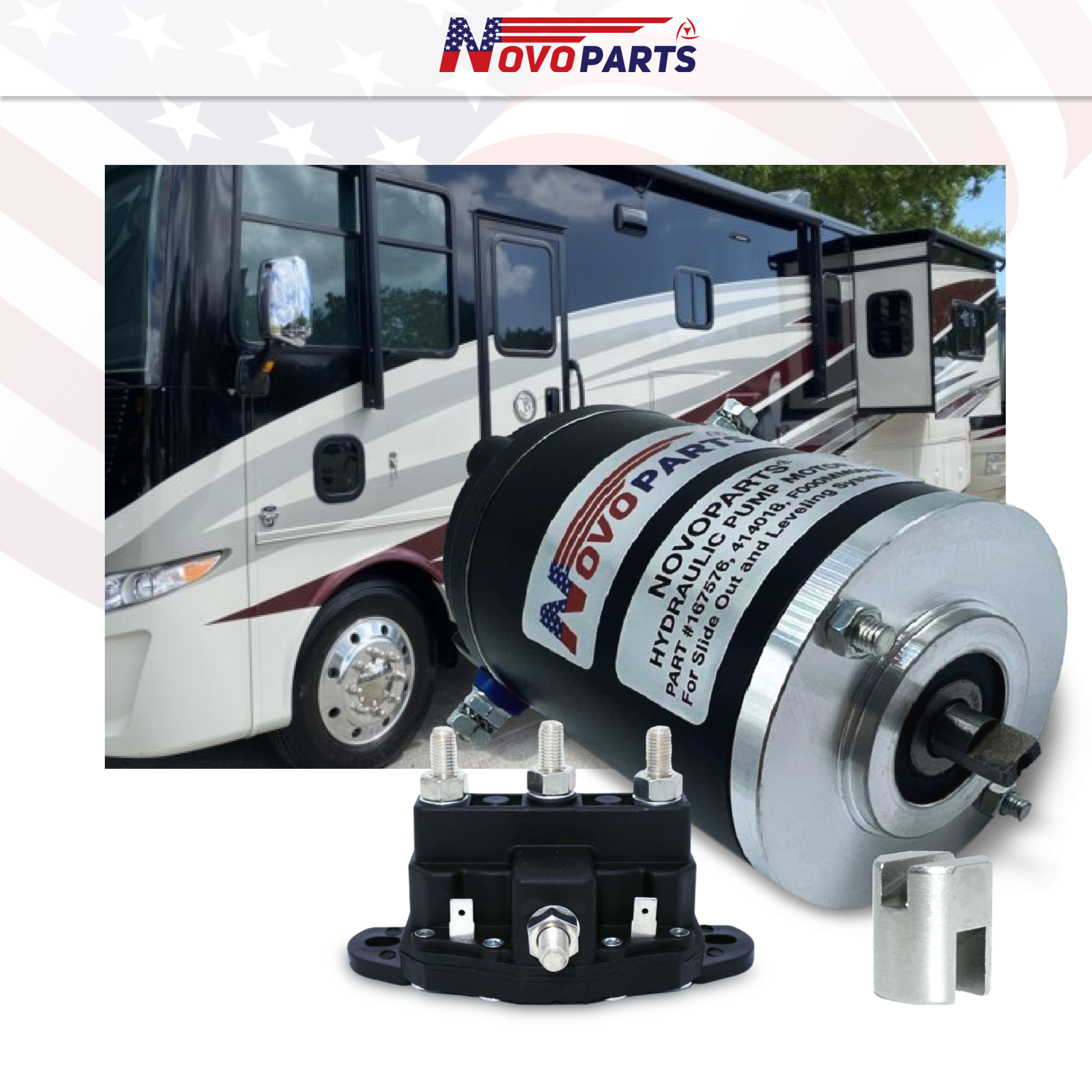 NOVOPARTS LEVELING SYSTEM HYDRAULIC PUMP KIT - Motor 167576 Compatible with 414018 & #F000MM0809 045-167567, Polarity Reversing Solenoid Part Number 118246 and Collar Coupling Included