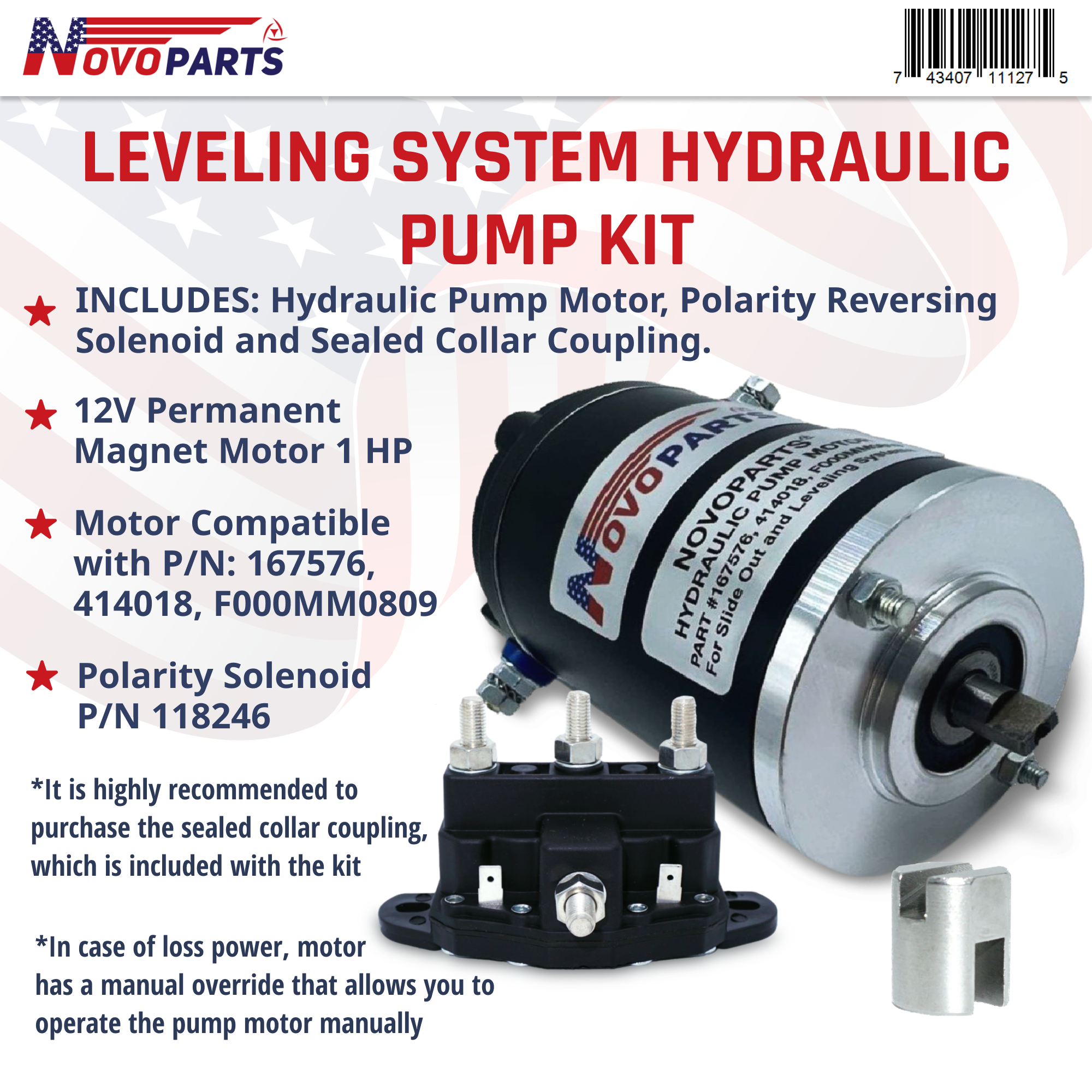 NOVOPARTS LEVELING SYSTEM HYDRAULIC PUMP KIT - Motor 167576 Compatible with 414018 & #F000MM0809 045-167567, Polarity Reversing Solenoid Part Number 118246 and Collar Coupling Included