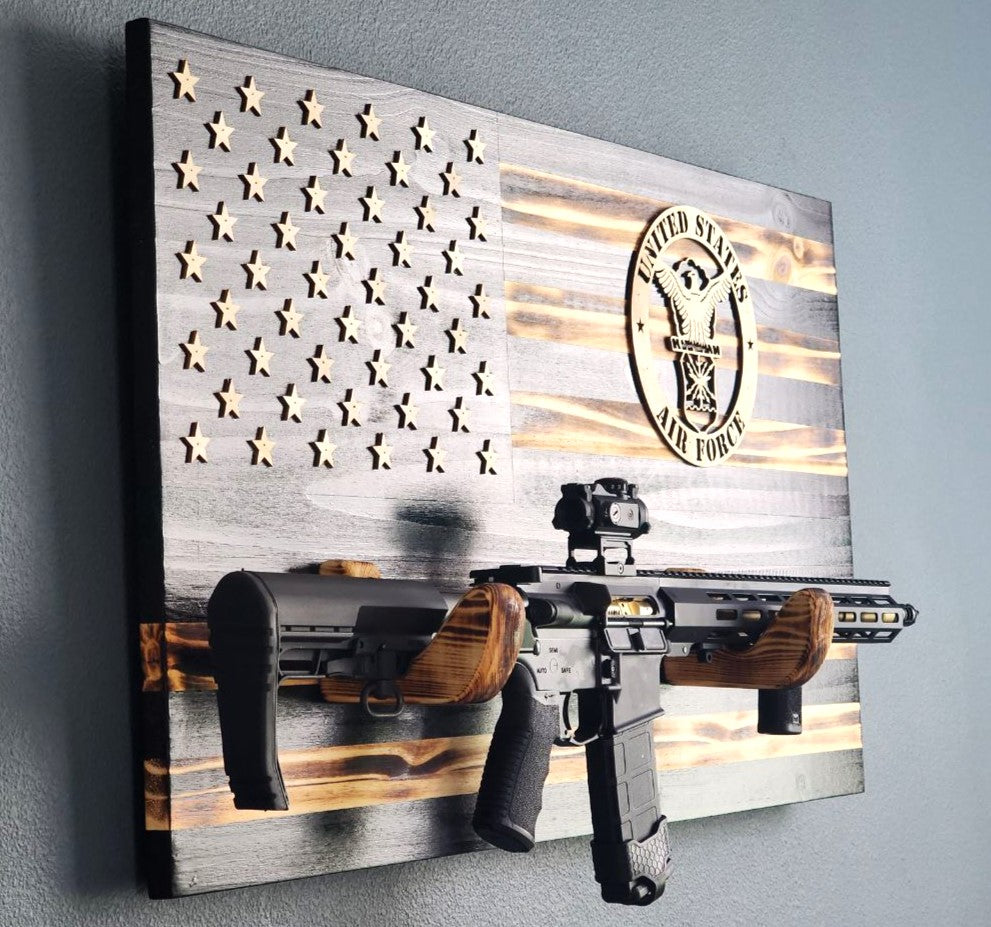 AIR FORCE Wooden Rustic American Flag with Gun Rack Handmade 36” x 19.5” Made in the US
