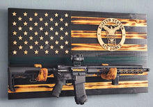 Load image into Gallery viewer, AIR FORCE Wooden Rustic American Flag with Gun Rack Handmade 36” x 19.5” Made in the US