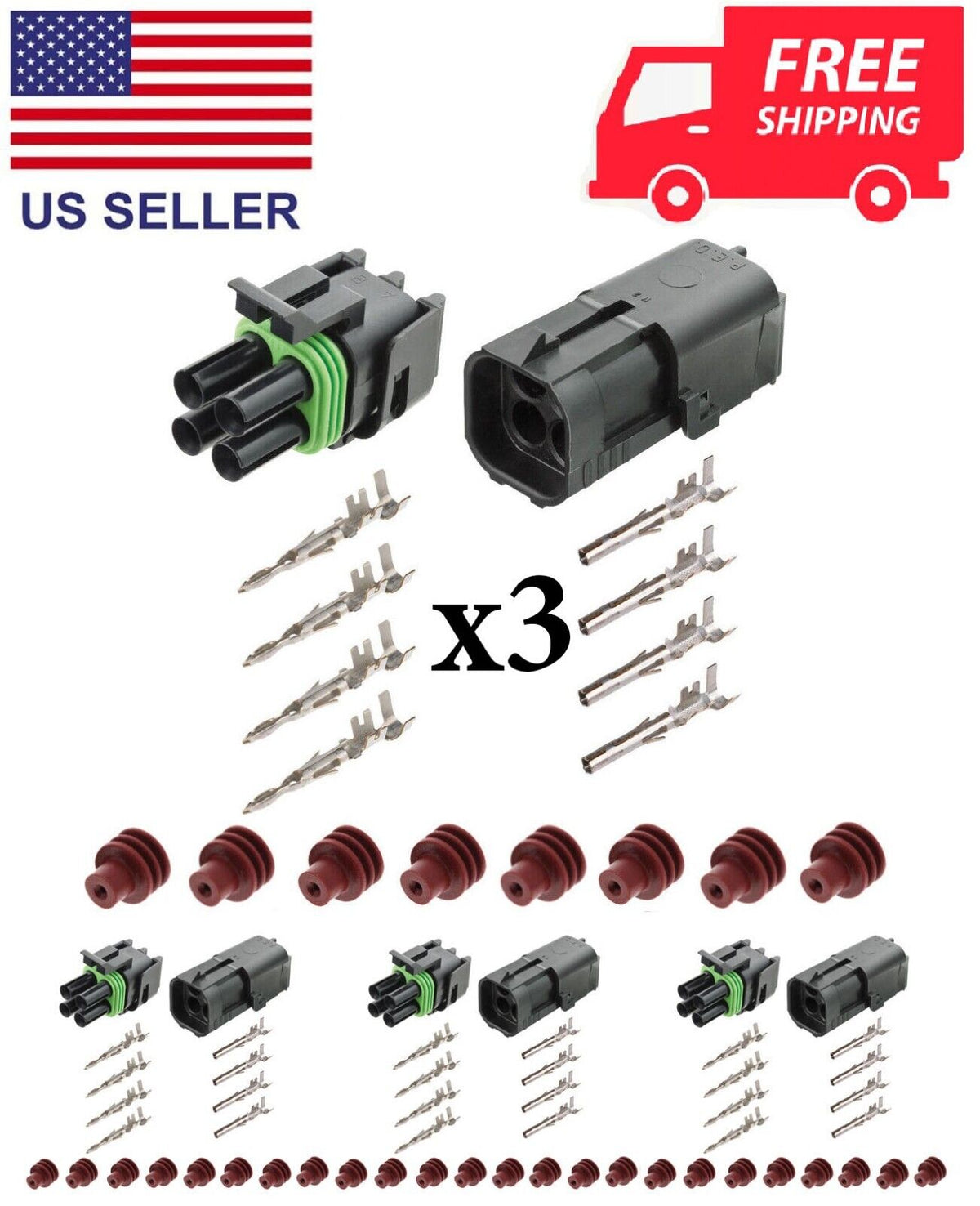 NOVOPARTS Weather Pack 4 Pin Sealed Connector Kit 14-16 AWG 3 Complete Kits