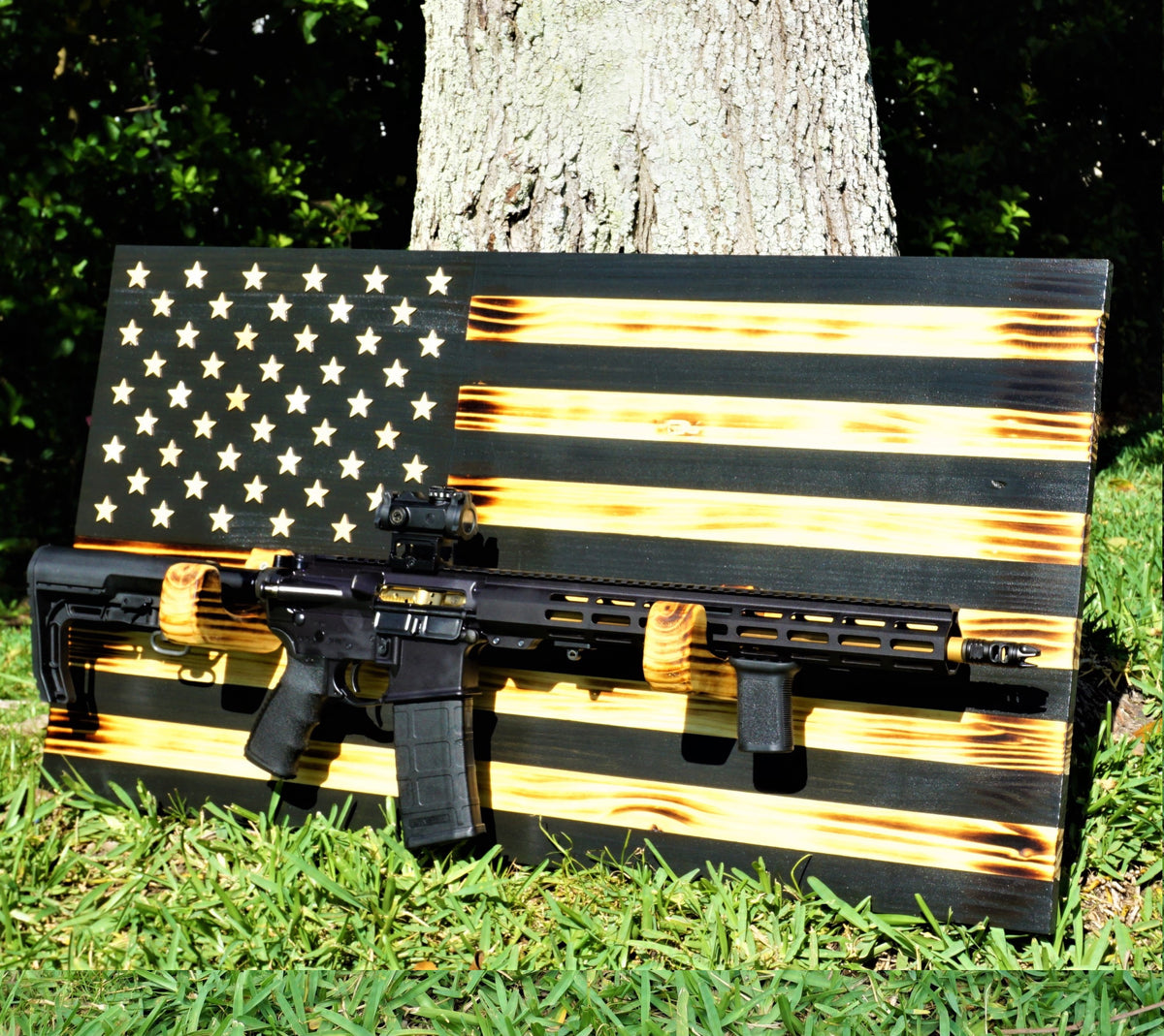 Wooden Rustic American Flag with Gun Rack Handmade 36” x 19.5” Made in ...