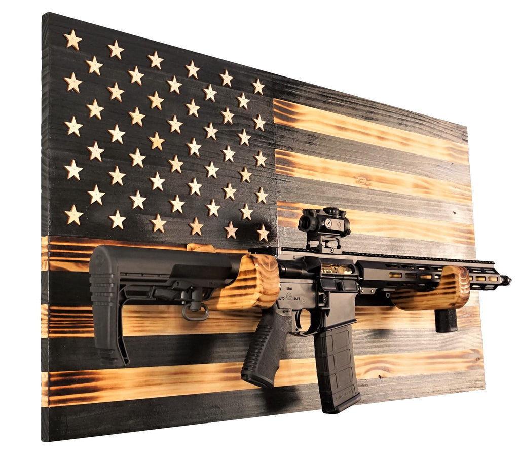 Wooden Rustic American Flag with Gun Rack Handmade 36” x 19.5” Made in the US