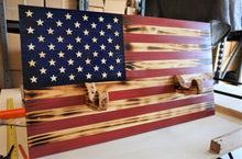Load image into Gallery viewer, Wooden Rustic American Flag with Gun Rack Handmade 36” x 19.5” Made in the US