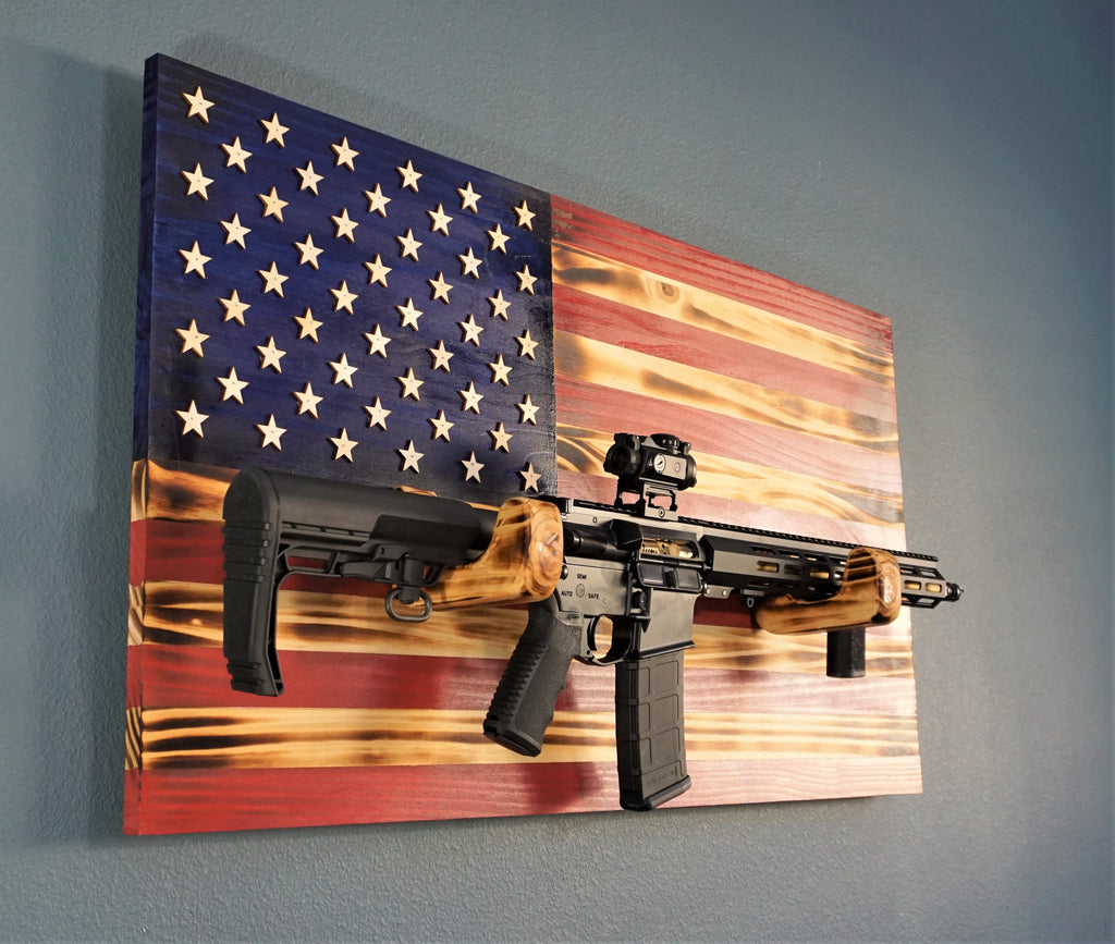 Wooden Rustic American Flag with Gun Rack Handmade 36” x 19.5” Made in the US