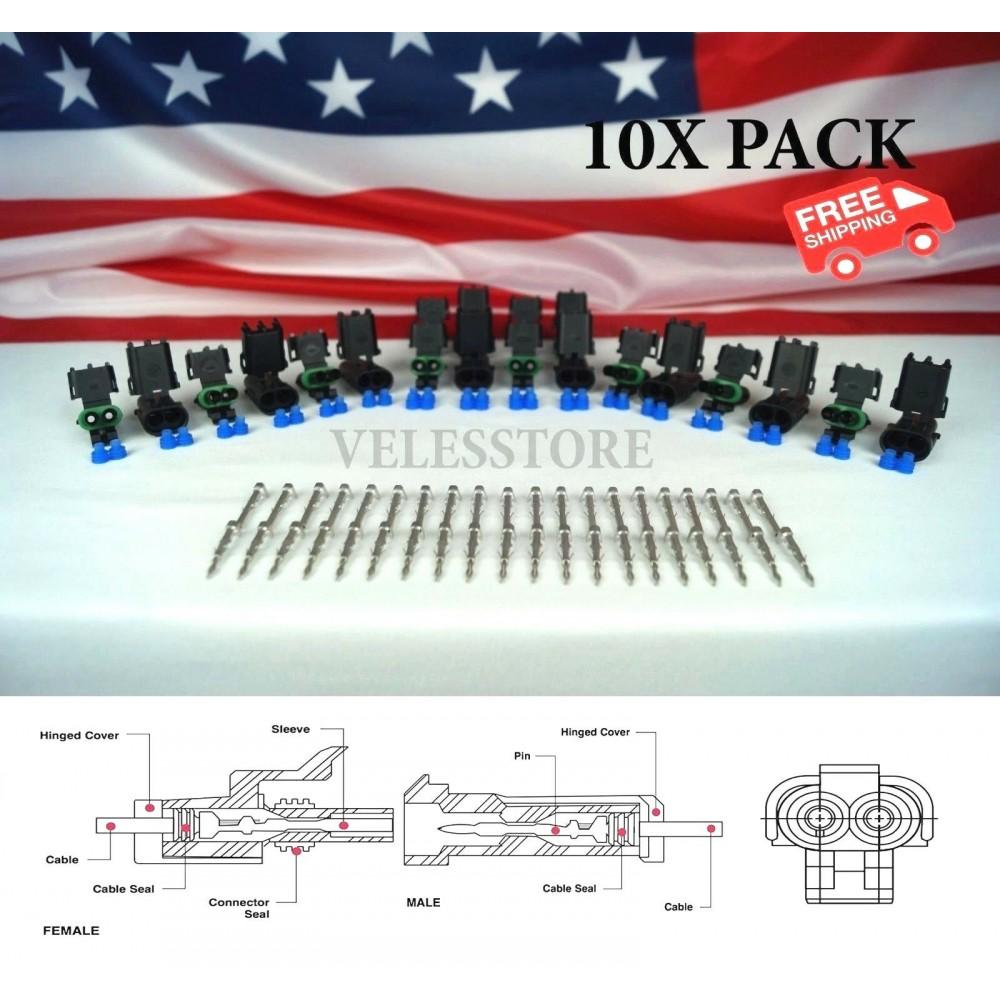 Two Pin Pack NOVOPARTS Weather Pack 2 Pin Sealed Connector Kit 16-14 GA 10 COMPLETE ...